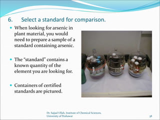 6. Select a standard for comparison.
 When looking for arsenic in
plant material, you would
need to prepare a sample of a
standard containing arsenic.
 The “standard” contains a
known quantity of the
element you are looking for.
 Containers of certified
standards are pictured.
Dr. Sajjad Ullah, Institute of Chemical Sciences,
University of Peshawar 38
 