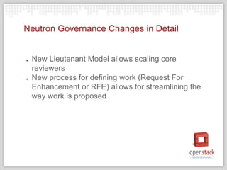 Neutron Governance Changes in Detail
● New Lieutenant Model allows scaling core
reviewers
● New process for defining work (Request For
Enhancement or RFE) allows for streamlining the
way work is proposed
 