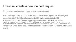 Exercise: create a neutron port request
$ openstack --debug port create --network private port-1
REQ: curl -g -i -X POST http://192.168.33.12:9696/v2.0/ports -H "User-Agent:
openstacksdk/0.9.14 keystoneauth1/2.19.0 python-requests/2.12.5
CPython/2.7.12" -H "Content-Type: application/json" -H "X-Auth-Token:
{SHA1}f42605a7b844675fd5ec4abf79f093b8cd045f22" -d '{"port": {"network_id":
"b1aa112b-04ae-481e-b652-a233c96deaab", "name": "port-1", "admin_state_up":
true}}'
 