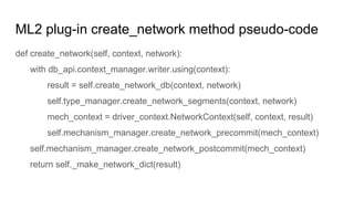 ML2 plug-in create_network method pseudo-code
def create_network(self, context, network):
with db_api.context_manager.writer.using(context):
result = self.create_network_db(context, network)
self.type_manager.create_network_segments(context, network)
mech_context = driver_context.NetworkContext(self, context, result)
self.mechanism_manager.create_network_precommit(mech_context)
self.mechanism_manager.create_network_postcommit(mech_context)
return self._make_network_dict(result)
 