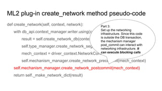 ML2 plug-in create_network method pseudo-code
def create_network(self, context, network):
with db_api.context_manager.writer.using(context):
result = self.create_network_db(context, network)
self.type_manager.create_network_segments(context, network)
mech_context = driver_context.NetworkContext(self, context, result)
self.mechanism_manager.create_network_precommit(mech_context)
self.mechanism_manager.create_network_postcommit(mech_context)
return self._make_network_dict(result)
Part 3:
Set up the networking
infrastructure. Since this code
is outside the DB transaction,
the mechanism manager
post_commit can interact with
networking infrastructure. It
can execute blocking calls
 