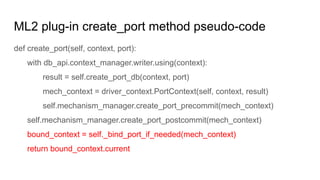 ML2 plug-in create_port method pseudo-code
def create_port(self, context, port):
with db_api.context_manager.writer.using(context):
result = self.create_port_db(context, port)
mech_context = driver_context.PortContext(self, context, result)
self.mechanism_manager.create_port_precommit(mech_context)
self.mechanism_manager.create_port_postcommit(mech_context)
bound_context = self._bind_port_if_needed(mech_context)
return bound_context.current
 