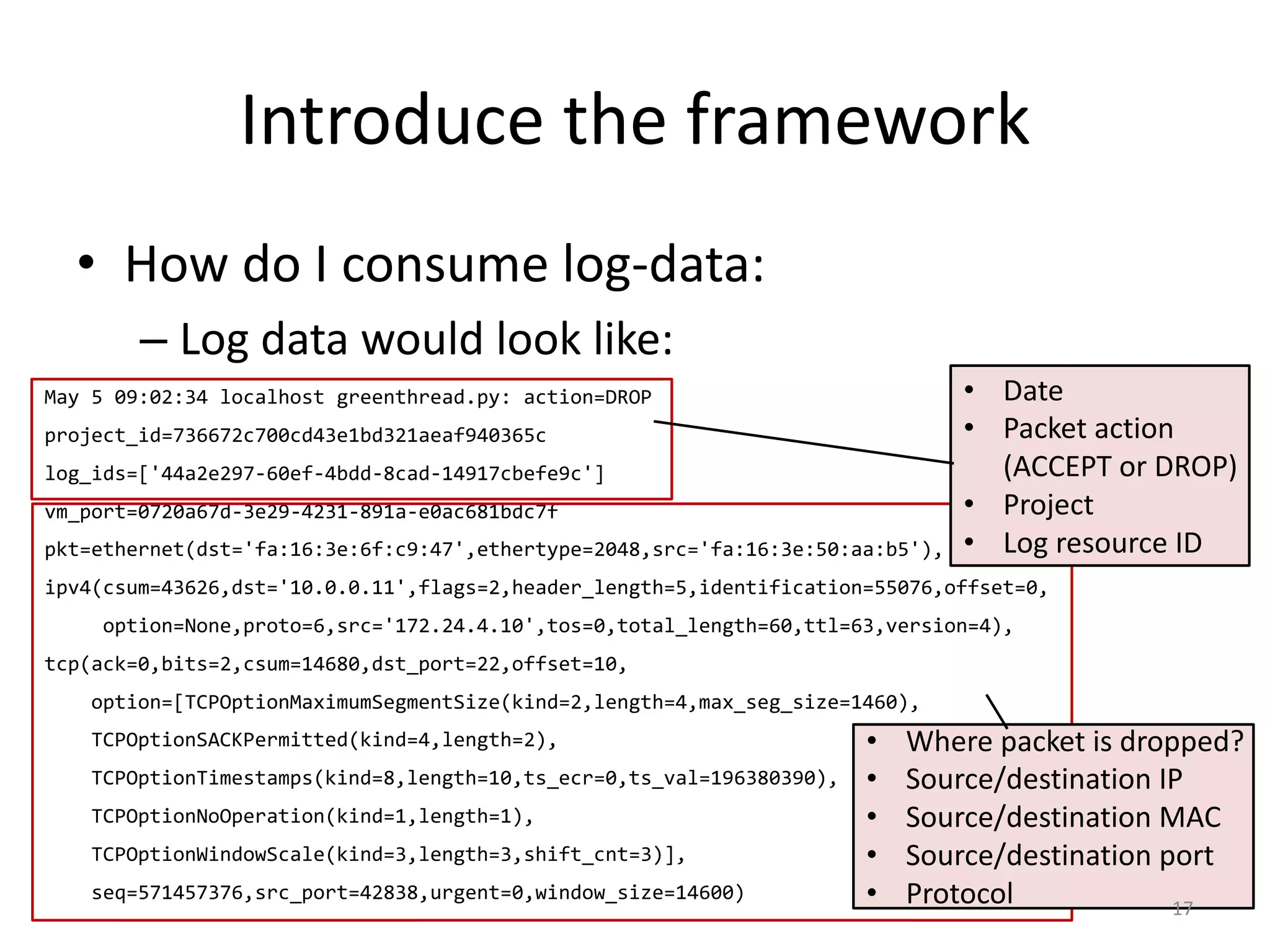 Introduce	the	framework
• How	do	I	consume	log-data:
– Log	data	would	look	like:
May 5 09:02:34 localhost greenthread.py: action=DROP
project_id=736672c700cd43e1bd321aeaf940365c
log_ids=['44a2e297-60ef-4bdd-8cad-14917cbefe9c']
vm_port=0720a67d-3e29-4231-891a-e0ac681bdc7f
pkt=ethernet(dst='fa:16:3e:6f:c9:47',ethertype=2048,src='fa:16:3e:50:aa:b5'),
ipv4(csum=43626,dst='10.0.0.11',flags=2,header_length=5,identification=55076,offset=0,
option=None,proto=6,src='172.24.4.10',tos=0,total_length=60,ttl=63,version=4),
tcp(ack=0,bits=2,csum=14680,dst_port=22,offset=10,
option=[TCPOptionMaximumSegmentSize(kind=2,length=4,max_seg_size=1460),
TCPOptionSACKPermitted(kind=4,length=2),
TCPOptionTimestamps(kind=8,length=10,ts_ecr=0,ts_val=196380390),
TCPOptionNoOperation(kind=1,length=1),
TCPOptionWindowScale(kind=3,length=3,shift_cnt=3)],
seq=571457376,src_port=42838,urgent=0,window_size=14600)
• Where	packet	is	dropped?
• Source/destination	IP
• Source/destination	MAC
• Source/destination	port
• Protocol
• Date
• Packet	action
(ACCEPT	or	DROP)
• Project
• Log	resource	ID
17
 