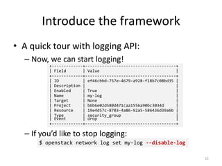 Introduce	the	framework
• A quick	tour	with	logging	API:
– Now,	we	can	start	logging!
– If	you’d	like	to	stop	logging:
+-------------+--------------------------------------+
| Field | Value |
+-------------+--------------------------------------+
| ID | ef46cbbd-757e-4679-a928-f18b7c08bd35 |
| Description | |
| Enabled | True |
| Name | my-log |
| Target | None |
| Project | b6b6e02d580d471caa1556a90bc3034d |
| Resource | 19e4d57c-8703-4a86-92a5-586436d39a6b |
| Type | security_group |
| Event | drop |
+-------------+--------------------------------------+
$ openstack network log set my-log --disable-log
12
 