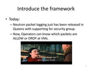 Introduce	the	framework
• Today:	
– Neutron	packet	logging	just	has	been	released	in	
Queens	with	supporting	for	security	group.
– Now,	Operators	can	know	which	packets	are	
ALLOW	or	DROP	at	VMs.
6
 