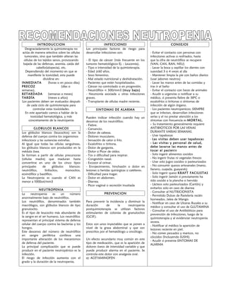 INTRODUCCION                                     INFECCIONES                                    CONSEJOS
   Desgraciadamente la quimioterapia no         Los principales factores de riesgo para
 actúa de manera selectiva sobre las células    desarrollar infecciones son:                  - Evitar el contacto con personas con
   tumorales, sino que también alteran las                                                    infecciones activas o resfriados, hasta
  células de los tejidos sanos, provocando      - El tipo de cáncer (más frecuente en los     que la cifra de neutrófilos se recupere
  bajada de las defensas, anemia, caida del     tumores hematológicos Ej. : Leucemia).        (VAN, CAN, RAN, NEU)
            cabello(alopecia), etc.             - Tipo e intensidad de la quimioterapia.      - Lavar la boca y cepillar los dientes con
    Dependiendo del momento en que se           - Edad ≥60 años.                              suavidad 3 o 4 veces al día
      manifieste la toxicidad, esta puede       - Sexo femenino.                              - Mantener limpia la pie con baños diarios
                  dividirse en:                 - Mal estado nutricional y deshidratación.    (usar jabones neutros)
INMEDIATA             (horas o en pocos días)   - Pacientes que están hospitalizados.         - Lavar las manos antes de las comidas y
PRECOZ                          (días o         - Cáncer no controlado o en progresión.       tras ir al baño
semanas),                                       - Neutrófilos < 500/mm3 (muy bajo)            - Evitar el contacto con heces de animales
RETARDADA             (semanas a meses)         - Neumonía asociada u otras infecciones       - Acudir a urgencias o notificar a su
TARDÍA                (meses a años)            graves.                                       médico, si presenta fiebre de 38ºC o
Los pacientes deben ser evaluados después       - Transplante de células madre reciente.      escalofríos o tiritonas o síntomas de
     de cada ciclo de quimioterapia para                                                      infección de algún órgano.
          controlar estas toxicidades.                 SINTOMAS DE ALARMA                     - Los pacientes neutropenicos; SIEMPRE
    En este apartado vamos a hablar de la                                                     que se infectan, desarrollan infecciones
        toxicidad hematológica, y más           Pueden indicar infección cuando hay un        serias y el no prestar atención a los
      concretamente de la neutropenia           descenso de los neutrófilos:                  síntomas con frecuencia es MORTAL.
                                                - Fiebre.                                     - Su tratamiento generalmente requiere
         GLOBULOS BLANCOS                       - Cansancio.                                  ANTIBIOTICOS POR LAS VENAS
Los glóbulos blancos (leucocitos) son la        - Dolor de cabeza.                            DURANTE VARIAS SEMANAS.
defensa del cuerpo contra los organismos        - Dolores musculares.                         - Usar tapabocas
infecciosos y las sustancias extrañas.          - Sensación de calor o frío.                  - Las visitas deben usar tapabocas
Al igual que todas las células sanguíneas,      - Escalofríos o tiritona.                     - Las visitas y personal de salud,
los glóbulos blancos son producidos en la       - Dolor de garganta.                          debe lavarse las manos antes de
médula ósea.                                    - Dolor o Picor de oídos.                     tocar al paciente
Se forman a partir de células precursoras       - Tos o dificultad para respirar.             - Solo ingerir alimentos cocidos
(células madre) que maduran hasta               - Congestión nasal.                           - No ingerir frutas ni vegetales frescos
convertirse en uno de los cinco tipos           - Escozor al orinar.                          - Usar solo jugos cocidos o pasteurizados
principales     de       glóbulos    blancos:   - Enrojecimiento, hinchazón o dolor en        - No consumir quesos artesanales (mano,
neutrófilos,       linfocitos,    monocitos,    lesiones o heridas quirúrgicas o catéteres.   llanero, cuajada, guayanés)
eosinófilos y basófilos.                        - Dificultad para tragar.                     - Solo ingerir queso KRAFT FACILISTAS
La Neutropenia es cuando el CAN es              - Dolor en abdomen.                           - Solo ingerir Jamón si previamente ha
menor a 1000cel/mm3                             - Diarrea.                                    sido cocido a la plancha o hervido
                                                - Picor vaginal o secreción inusitada         - Lácteos solo pasteurizados (Cartón) y
                                                                                              evitarlos solo en caso de diarrea
             NEUTROPENIA
                                                                                              - Consultar al NUTRICIONISTA
La     neutropenia     es     un    número                   PREVENCION
                                                                                              - Permitido Dulces de Pastelería recién
anormalmente bajo de neutrófilos.                                                             horneados, Jalea de Mango.
Los neutrófilos, denominados también            Para prevenir la incidencia y disminuir la    - Notificar en caso de Ulceras Bucales a su
macrófagos, son glóbulos blancos de tipo        duración      de       la     neutropenia     médico y consultar el uso de GLUTAMINA
granulocito.                                    postquimioterapia se utilizan factores        - Consultar el uso de Antibióticos para
Es el tipo de leucocito más abundante de        estimulantes de colonias de granulocitos      prevención de infecciones, luego de la
la sangre en el ser humano. Los neutrófilos     (GCSF).                                       quimioterapia y al evidenciar neutropenia
representan el principal sistema de defensa                                                   severa.
celular del cuerpo contra las bacterias y los   Estos son unos inyectables que se ponen a     - Notificar al médico la aparición de
hongos.                                         nivel de la grasa abdominal y que son         lesiones reciente en piel.
Este descenso del número de neutrófilos         prescritos por el hematólogo u oncólogo.      - No comer pescados y maricos, no
en sangre periférica conlleva una                                                             cóccidos (Incluyendo SUSHI)
importante alteración de los mecanismos         Un efecto secundario muy común en este        - Acudir si presenta SINTOMAS DE
de defensa del paciente.                        tipo de medicación, que es la aparición de    ALARMA
La principal complicación que se puede          dolores óseos de intensidad variable y que
producir en el paciente neutropénico es la      puede producir alarma en el paciente. Se
infección.                                      controla este dolor con analgesia oral.
El riesgo de infección aumenta con el           ej: ACETAMINOFEN
grado y la duración de la neutropenia.
 