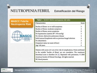 NEUTROPENIAFEBRIL Estratificación del Riesgo
Management of febrile neutropaenia: ESMO Clinical Practice Guidelines . Annals of Oncology 27 (Supplement 5):
v111–v118, 2016 doi:10.1093/annonc/mdw325
MASCC Febrile
Neutropenia Risk
 