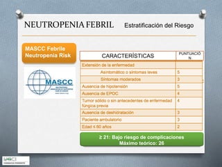 NEUTROPENIAFEBRIL Estratificación del Riesgo
MASCC Febrile
Neutropenia Risk CARACTERÍSTICAS
PUNTUACIÓ
N
≥ 21: Bajo riesgo de complicaciones
Máximo teórico: 26
 