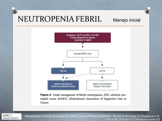 NEUTROPENIAFEBRIL Manejo inicial
Management of febrile neutropaenia: ESMO Clinical Practice Guidelines . Annals of Oncology 27 (Supplement 5):
v111–v118, 2016 doi:10.1093/annonc/mdw325
 