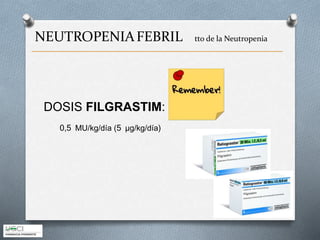 NEUTROPENIAFEBRIL tto de la Neutropenia
DOSIS FILGRASTIM:
0,5 MU/kg/día (5 μg/kg/día)
 