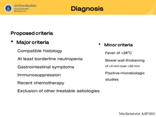 Diagnosis
Proposedcriteria
• Majorcriteria
Compatible histology
At least borderline neutropenia
Gastrointestinal symptoms
Immunosuppression
Recent chemotherapy
Exclusion of other treatable aetiologies
TahaSachaketal. AJSP2015
• Minorcriteria
Fever of >38๐C
Bowel wall thickening
of >4 mm over >30 mm
Positive microbiologic
studies
 