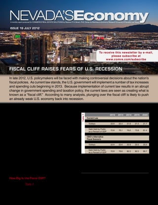 A monthly report produced for Commerce Real Estate Solutions by Stephen P. A. Brown, PhD, Center for Business & Economic Research University of Nevada, Las Vegas


 Issue 19 july 2012




                                                                                                                 To receive this newsletter by e-mail,
                                                                                                                         please subscribe at
                                                                                                                      www.comre.com/subscribe


fiscal cliff raises fears of u.s. recession
In late 2012, U.S. policymakers will be faced with making controversial decisions about the nation’s
fiscal policies. As current law stands, the U.S. government will implement a number of tax increases
and spending cuts beginning in 2013. Because implementation of current law results in an abrupt
change in government spending and taxation policy, the current laws are seen as creating what is
known as a “fiscal cliff.” According to many analysts, plunging over the fiscal cliff is likely to push
an already weak U.S. economy back into recession.


On the other hand, postponing or cancelling                                              Projected U.S. Government Deficits as a Percent of GDP
implementation of current laws will leave the U.S.
                                                                                          Table 1




                                                                                                                             2012      2013      2014      2015      2020
government with a large deficit and a growing debt.                                                 Current Law
A failure to reduce the deficit to a sufficiently small                                              Revenues                 15.7      18.4      19.6      20.3     21.1
                                                                                                     Outlays                  22.9      22.4      21.9      21.5     21.7
percentage of the nation’s gross domestic product                                                      Deficit                -7.3       -4       -2.4      -1.2     -0.6
(GDP) will lead to a growing debt-to-GDP ratio.                                                       Debt Held by Public
                                                                                                                              72.8      76.1      76.6      73.8     61.4
                                                                                                      as a Percent of GDP
Over time, a high debt-to-GDP ratio will weaken the
long-term prospects for economic growth.                                                            CBO’s Alternative
                                                                                                    Fiscal Scenario
In what follows, we examine the size of the fiscal cliff                                             Revenues                 15.7      16.3      17.2      17.8     18.5
                                                                                                     Outlays                  22.9      22.8      22.9      22.5     23.3
and assess its effects on U.S. economic activity. Our                                                  Deficit                -7.3      -6.5      -5.6      -4.6     -4.8
assessment suggests that policymakers can reduce                                                      Debt Held by Public
                                                                                                                              72.8      78.6      82.3      82.5     85.7
                                                                                                      as a Percent of GDP
the near-term risk of recession and gain most of the
                                                                                         Source: Congressional Budget Office
benefits of reducing the U.S. government debt-to-
GDP ratio by taking a gradualist policy. Under such a                                    by the current tax laws are the expiration of provisions
policy, the U.S. government would gradually bring its                                    that reduce income, estate and gift taxes (commonly
budget deficit as a percent of GDP below the growth                                      known as Bush-era tax cuts). In addition, the reduction
rate of U.S. economic activity.
How Big Is the Fiscal Cliff?                                                                              This report is commissioned by
                                                                                                          Commerce Real Estate Solutions
As shown in Table 1, current law will bring big changes                                                    info@comre.com • 801-322-2000
to both U.S. government taxation and spending policies
beginning in 2013. Some of the changes brought about
 