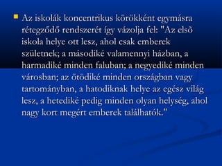 ?   Az iskolk koncentrikus k?r?kknt egymsra
    rtegz?d? rendszert gy vzolja fel: "Az els?
    iskola helye ott lesz, ahol csak emberek
    szletnek; a msodik valamennyi hzban, a
    harmadik minden faluban; a negyedik minden
    vrosban; az ?t?dik minden orszgban vagy
    tartomnyban, a hatodiknak helye az egsz vilg
    lesz, a hetedik pedig minden olyan helysg, ahol
    nagy kort megrt emberek tallhatk."
 