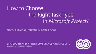 How to Choose
the Right Task Type
in Microsoft Project?
NEVENA KRAJCAR, PERPETUUM MOBILE D.O.O.

SHAREPOINT AND PROJECT CONFERENCE ADRIATICS 2013
ZAGREB, NOVEMBER 27-28 2013

 
