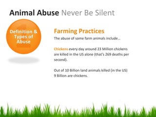 Animal Abuse Never Be Silent

Definition &   Farming Practices
 Types of      The abuse of some farm animals include…
  Abuse
               Chickens every day around 23 Million chickens
               are killed in the US alone (that’s 269 deaths per
               second).

               Out of 10 Billion land animals killed (in the US)
               9 Billion are chickens.
 