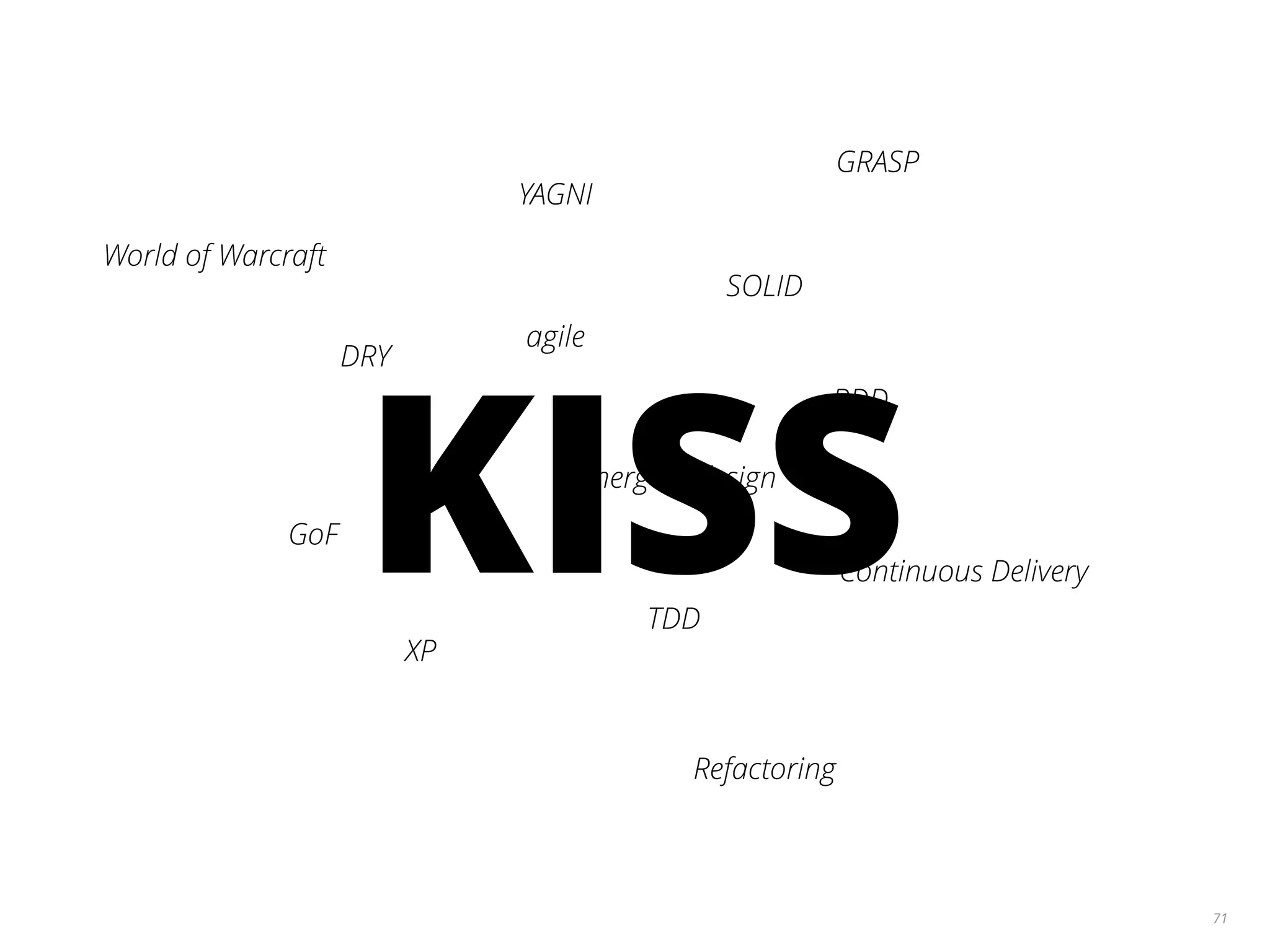 71
agile
XP
TDD
BDD
YAGNI
DRY
SOLID
Continuous Delivery
Refactoring
GoF
GRASP
emergent design
World of Warcraft
KISS
 