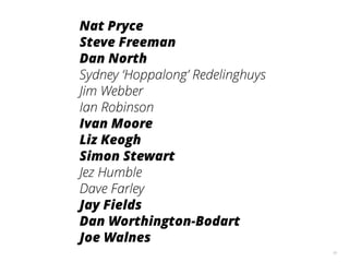 61
Nat Pryce
Steve Freeman
Dan North
Sydney ‘Hoppalong’ Redelinghuys
Jim Webber
Ian Robinson
Ivan Moore
Liz Keogh
Simon Stewart
Jez Humble
Dave Farley
Jay Fields
Dan Worthington-Bodart
Joe Walnes
 