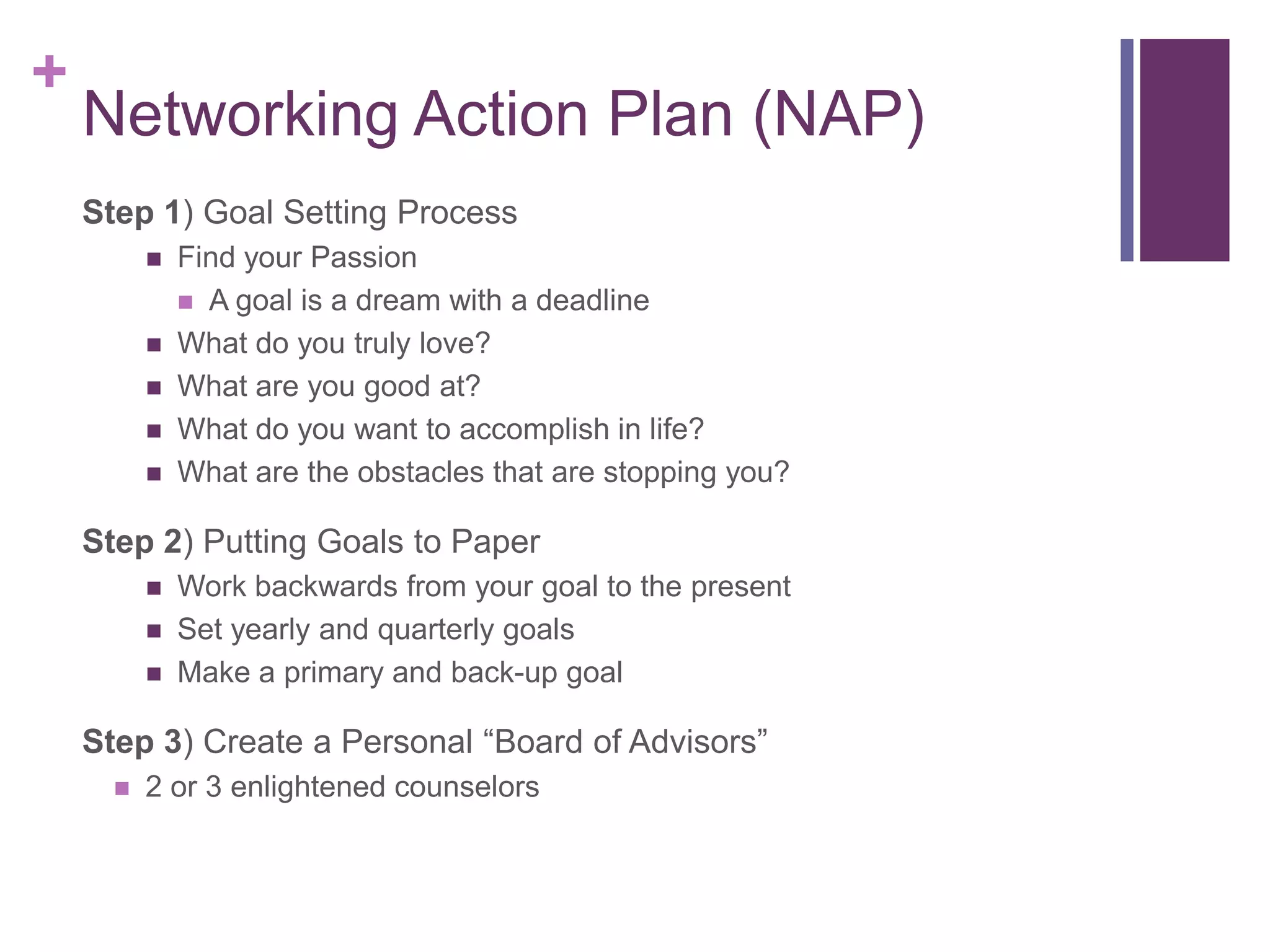 +
    Networking Action Plan (NAP)
    Step 1) Goal Setting Process
             Find your Passion
               A goal is a dream with a deadline
             What do you truly love?
             What are you good at?
             What do you want to accomplish in life?
             What are the obstacles that are stopping you?

    Step 2) Putting Goals to Paper
             Work backwards from your goal to the present
             Set yearly and quarterly goals
             Make a primary and back-up goal

    Step 3) Create a Personal “Board of Advisors”
         2 or 3 enlightened counselors
 