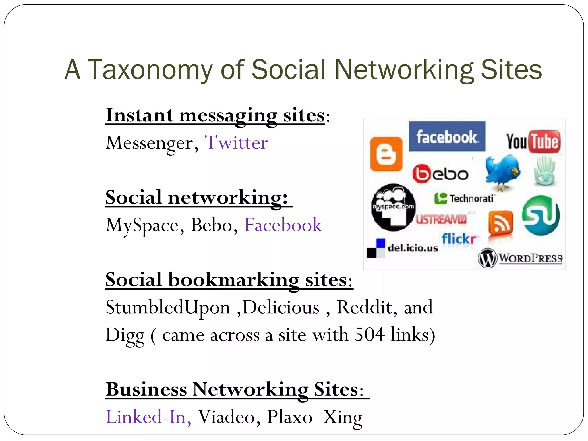 A Taxonomy of Social Networking Sites Instant messaging sites :  Messenger,  Twitter Social networking:  MySpace, Bebo,  Facebook Social bookmarking sites :  StumbledUpon ,Delicious , Reddit, and Digg ( came across a site with 504 links) Business Networking Sites :  Linked-In,  Viadeo, Plaxo  Xing   