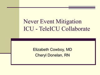 Never Event Mitigation  ICU - TeleICU Collaborate Elizabeth Cowboy, MD Cheryl Donelan, RN 