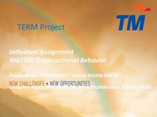 TERM Project

Individual Assignment
MGT700 Organizational Behavior

Prepared by: 2011113021 MOHD RIZAM BAKAR

Lecturer: ASSOCIATE PROF. DR. RAJA MUNIRAH RAJA MUSTAPHA
 