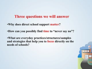Three questions we will answer
•Why does direct school support matter?

•How can you possibly find time to “never say no”?

•What are everyday practices/structures/samples
and strategies that help you to focus directly on the
needs of schools?
 