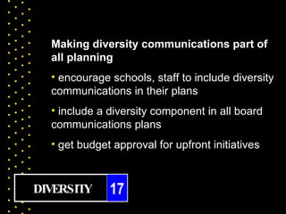 Making diversity communications part of
  all planning
  • encourage schools, staff to include diversity
  communications in their plans
  • include a diversity component in all board
  communications plans
  • get budget approval for upfront initiatives



DIVERSITY     17
 