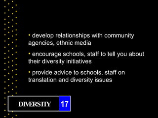 • develop relationships with community
  agencies, ethnic media
  • encourage schools, staff to tell you about
  their diversity initiatives
  • provide advice to schools, staff on
  translation and diversity issues



DIVERSITY     17
 
