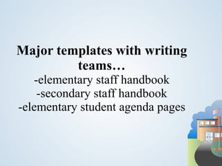 Major templates with writing
         teams…
   -elementary staff handbook
    -secondary staff handbook
-elementary student agenda pages
 
