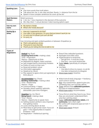  
Never Split the Difference​ by Chris Voss Summary Cheat-Sheet 
Spotting Liars  Liars... 
● Use more words than truth tellers 
● Talk about ​him, her, it, one, they ​and ​their. ​Rarely ​I​ → distance from the lie 
● Speak in more complex sentences (to cover up the lie) 
Spot Decision 
Makers 
Watch pronouns 
● I, me, my​ → less important in the decision of the outcome 
● We, they, them ​→ actual decision maker leaving options open 
Use my own 
name 
● My name is Yanda 
● What’s the Yanda discount? 
Saying ​No​ 4 
times 
1. How am I supposed to do that?  
2. Your offer is very generous. I’m sorry that just doesn’t work for me 
3. I’m sorry but I’m afraid I just can’t do that 
4. I’m sorry, no 
 
Use mirroring and open-ended questions in between. Empathize 3x:  
● That’s very generous of you 
● That price is more than fair 
● Thank you for taking the time to talk to me 
Types of 
Negotiators 
 
Analyst​ ​(eg. Ryan) 
Acquiring facts & info ​> making a deal 
Time = Preparation 
Silence = Opportunity to think 
● Methodical & diligent. Hates surprises. 
● Self-imaged tied to minimizing mistakes 
● Prefers to work on their own 
● Reserved problem solver 
● Information aggregator 
● Skeptical by nature 
● May appear to agree when just agreeing to 
think about it 
● Doesn’t like calibrated questions 
● Apologies have little value 
● Hypersensitive to reciprocity 
○ Get gift first = it must be a trap 
○ Give first = you must reciprocate 
● Tools​: ​labels​, specifically to compare 
analysis,  
● Use data 
○ Use data to drive my reason, no ad-lib 
○ Use data comparisons to disagree 
● Worst-type match​: Assertive 
 
Accommodator​ ​(eg. Chase) 
Building relationship​ > making a deal 
Time = Relationship 
Silence = Anger 
● Communicating → happy 
● Sociable, peace-seeking, optimistic, 
distractible, poor time managers 
● Watch tone & body language → hesitancy 
won’t come in words 
● Risk​: may overpromise, agree to give you 
something they can’t actually deliver 
● Tools​:​ What & How ​calibrated questions 
focused on implementation 
● Worst-type match​: Accommodator 
Assertive​ (eg. me, Merci) 
Being heard ​> making a deal 
Time = Money 
Silence = Opportunity to speak more 
● Getting solution perfect is less important 
than getting it done 
● Loves winning above all else 
● Most likely to get tunnel-vision. Focus on 
goal → miss opportunities to explore 
Emotions = bad 
● Negotiation = intellectual sparring 
● Focus first on what they have to say. Once 
they are convinced I understand them, 
only then will they listen 
● Tools​: ​calibrated questions, labels, ​and 
summaries​. Get a ​that’s right 
● Be careful with reciprocity (give an inch → 
take a mile) 
● Wost-type match​: ​Analyst 
 
 
© ​Yan-David Erlich​, 2016 Page 4 of 6 
 