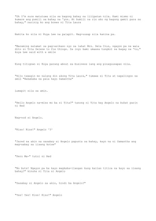 "Oh I'm sure matutuwa sila sa bagong bahay na lilipatan nila. Kami mismo ni
kumare ang pumili sa bahay na 'yon. At bumili na rin ako ng bagong gamit para sa
bahay," narinig ko ang boses ni Tita Laura
Nakita ko sila ni Kuya Lee na palapit. Nag-uusap sila kanina pa.
"Maraming salamat sa pag-asikaso nyo sa lahat Mrs. Dela Cruz, ngayon pa na wala
dito si Tita Selene to fix things. Sa inyo kami umaasa tungkol sa bagay na 'to,"
kuya Lee said with a smile
Kung titignan si Kuya parang about sa business lang ang pinaguusapan nila.
"Hijo tawagin mo nalang din akong Tita Laura," tumawa si Tita at napalingon sa
amin "Nakababa na pala kayo Samantha"
Lumapit sila sa amin.
"Hello Angelo na-miss mo ba si Tita?" tanong ni Tita kay Angelo na buhat parin
ni Red
Nag-nod si Angelo.
"Kiss! Kiss!" Angelo ^3^
"Jared sa akin na sasabay si Angelo papunta sa bahay, kayo na ni Samantha ang
mag-sabay sa iisang kotse"
"Pero Ma-" tutol ni Red
"No buts! Ngayon pa ba kayo magkaka-ilangan kung kailan titira na kayo sa iisang
bahay?" kinuha ni Tita si Angelo
"Sasabay si Angelo sa akin, hindi ba Angelo?"
"Yes! Yes! Kiss! Kiss!" Angelo
 