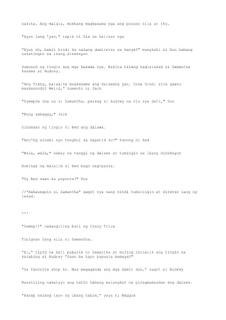 nakita. Ang malala, mukhang magkasama nga ang pinuno nila at ito.
"Ayos lang 'yan," tapik ni Six sa balikat nya
"Ayun oh, bakit hindi ka nalang dumiretso sa kanya?" mungkahi ni Sun habang
nakatingin sa isang direksyon
Sumunod ng tingin ang mga kasama nya. Nakita nilang naglalakad si Samantha
kasama si Audrey.
"Ang fishy, palaging magkasama ang dalawang yan. Diba hindi sila gaano
magkasundo? Weird," kumento ni Jack
"Syempre iba na si Samantha, parang si Audrey na rin sya dati," Sun
"Kung sabagay," Jack
Sinamaan ng tingin ni Red ang dalawa.
"Ano'ng sinabi nyo tungkol sa kapatid ko?" tanong ni Red
"Wala, wala," sabay na tanggi ng dalawa at tumingin sa ibang direksyon
Huminga ng malalim si Red bago nag-pasya.
"Oy Red saan ka pupunta?" Dos
/>"Kakausapin si Samantha" sagot nya nang hindi tumitingin at diretso lang ng
lakad.
***
"Sammy!!" nakangiting bati ng Crazy Trios
Tinignan lang sila ni Samantha.
"Hi," tipid na bati pabalik ni Samantha at muling ibinalik ang tingin sa
katabing si Audrey "Saan ba tayo pupunta mamaya?"
"Sa favorite shop ko. Mas magaganda ang mga damit don," sagot ni Audrey
Nanatiling nakatayo ang tatlo habang malungkot na pinagmamasdan ang dalawa.
"Hanap nalang tayo ng ibang table," yaya ni Maggie
 