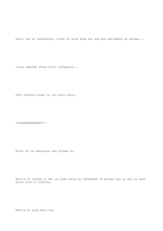 Galit ako at nasasaktan, hindi ko alam kung ano ang mas matimbang sa dalawa...
Ilang segundo akong hindi nakagalaw...
Pero sobrang tagal na non para sakin.
*SLAAAAAAAAAAAAP!*
Hindi ko na namalayan ang ginawa ko.
Nakita ko nalang si Ami na nasa sahig at nakahawak sa pisngi nya at ako na nasa
gitna nila ni Timothy.
Nakita ko yung mata nya.
 