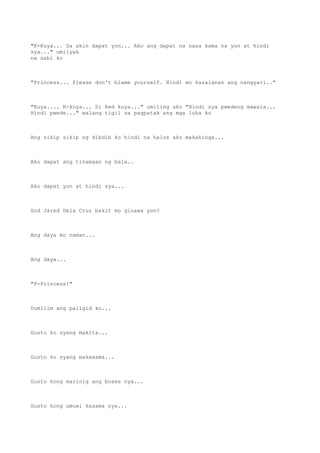 "K-Kuya... Sa akin dapat yon... Ako ang dapat na nasa kama na yon at hindi
sya..." umiiyak
na sabi ko
"Princess... Please don't blame yourself. Hindi mo kasalanan ang nangyari.."
"Kuya.... K-kuya... Si Red kuya..." umiling ako "Hindi sya pwedeng mawala...
Hindi pwede..." walang tigil sa pagpatak ang mga luha ko
Ang sikip sikip ng dibdib ko hindi na halos ako makahinga...
Ako dapat ang tinamaan ng bala..
Ako dapat yon at hindi sya...
God Jared Dela Cruz bakit mo ginawa yon?
Ang daya mo naman...
Ang daya...
"P-Princess!"
Dumilim ang paligid ko...
Gusto ko syang makita...
Gusto ko syang makasama...
Gusto kong marinig ang boses nya...
Gusto kong umuwi kasama nya...
 