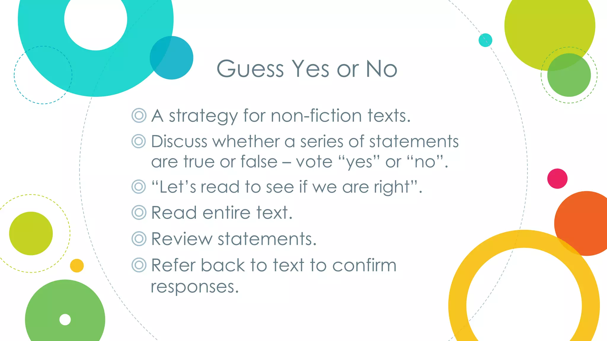 Click to edit
Master title style
Guess Yes or No
◎ A strategy for non-fiction texts.
◎ Discuss whether a series of statements
are true or false – vote “yes” or “no”.
◎ “Let’s read to see if we are right”.
◎ Read entire text.
◎ Review statements.
◎ Refer back to text to confirm
responses.
 
