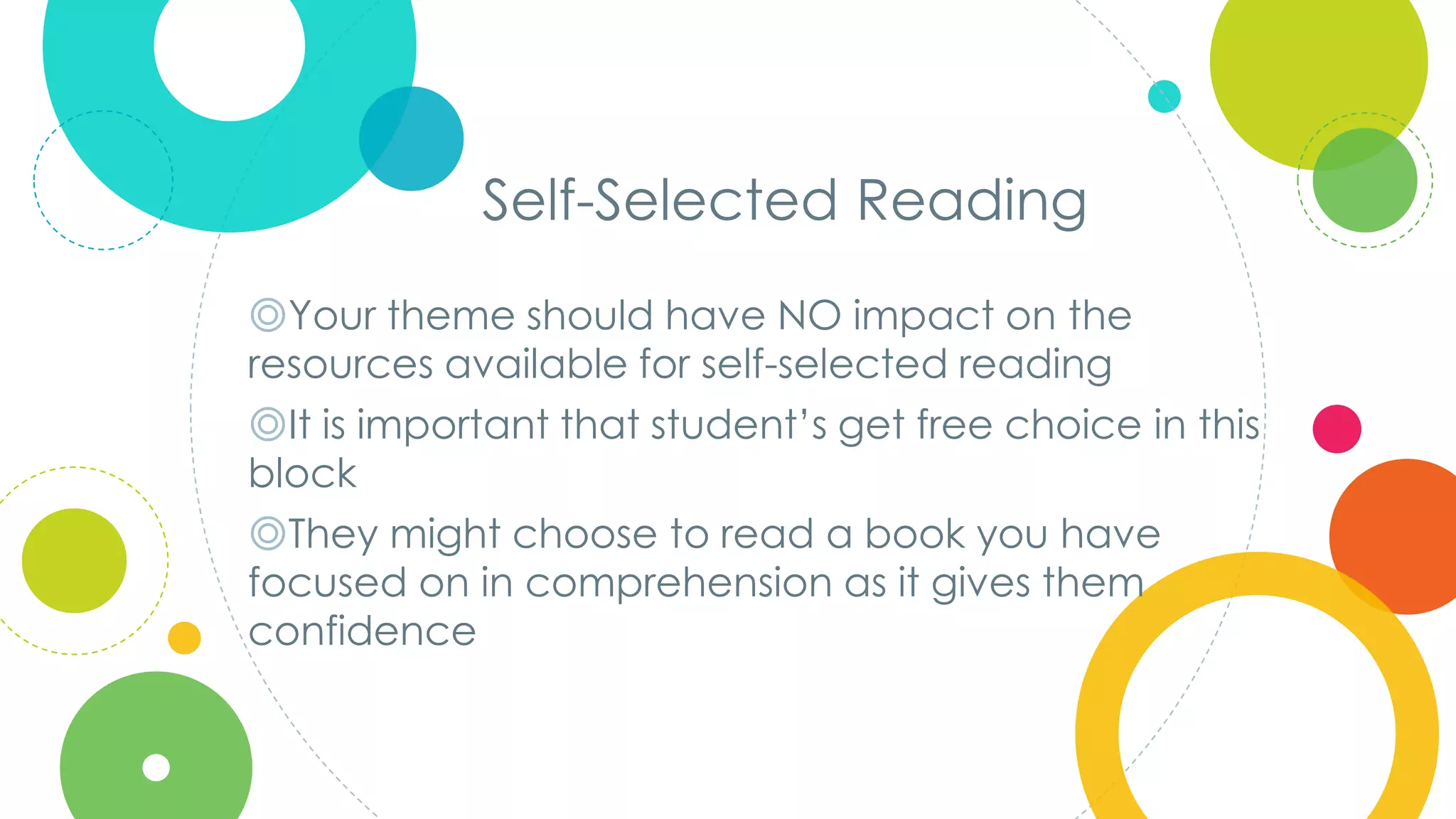 Click to edit
Master title style
Self-Selected Reading
◎Your theme should have NO impact on the
resources available for self-selected reading
◎It is important that student’s get free choice in this
block
◎They might choose to read a book you have
focused on in comprehension as it gives them
confidence
 