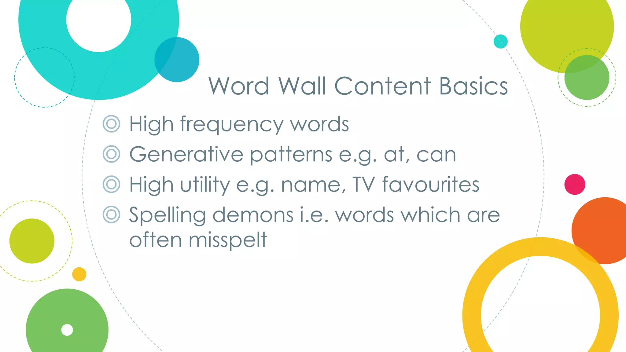 Click to edit
Master title style
Word Wall Content Basics
◎ High frequency words
◎ Generative patterns e.g. at, can
◎ High utility e.g. name, TV favourites
◎ Spelling demons i.e. words which are
often misspelt
 
