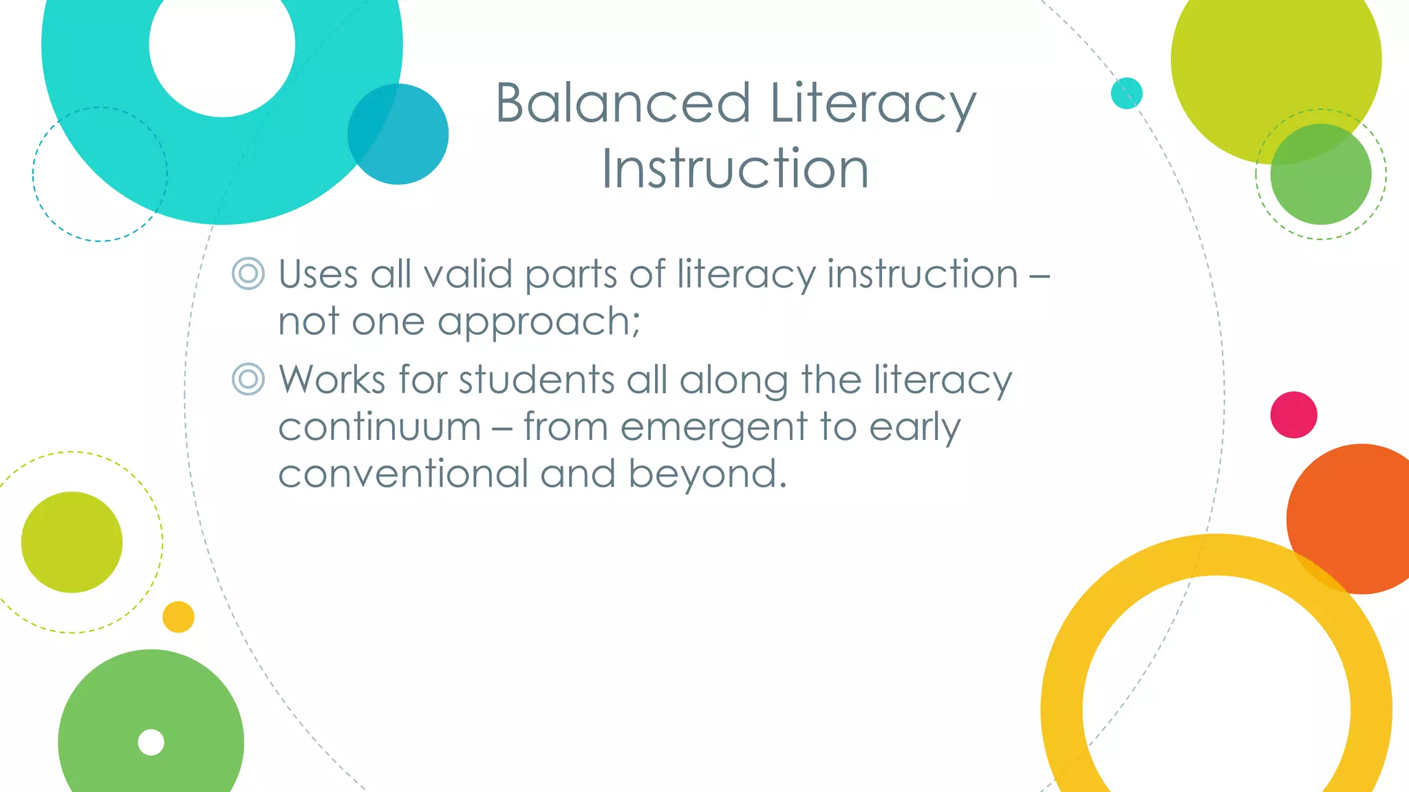 Click to edit
Master title style
Balanced Literacy
Instruction
◎ Uses all valid parts of literacy instruction –
not one approach;
◎ Works for students all along the literacy
continuum – from emergent to early
conventional and beyond.
 