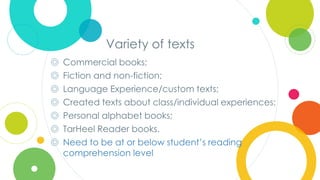 Click to edit
Master title style
Variety of texts
◎ Commercial books;
◎ Fiction and non-fiction;
◎ Language Experience/custom texts;
◎ Created texts about class/individual experiences;
◎ Personal alphabet books;
◎ TarHeel Reader books.
◎ Need to be at or below student’s reading
comprehension level
 