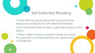 Click to edit
Master title style
Self-Selected Reading
◎Your theme should have NO impact on the
resources available for self-selected reading
◎It is important that student’s get free choice in this
block
◎They might choose to read a book you have
focused on in comprehension as it gives them
confidence
 