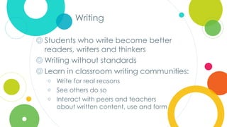 Click to edit
Master title style
Writing
◎ Students who write become better
readers, writers and thinkers
◎ Writing without standards
◎ Learn in classroom writing communities:
￮ Write for real reasons
￮ See others do so
￮ Interact with peers and teachers
about written content, use and form
 