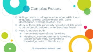 Click to edit
Master title style
Complex Process
◎ Writing consists of a large number of sub-skills: Ideas,
language, spelling, sensory motor skills, word
identification, word generation, etc.
◎ Many of these skills, especially operational skills, need
to be automatic before a writer becomes fluent
◎ Need to address both:
◉ The development of skills for writing
◉ Meeting current requirements for writing
(record school work, demonstrate
knowledge, write to friends, etc.)
Erickson and Koppenhaver (2000)
 