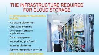 THE INFRASTRUCTURE REQUIRED 
FOR CLOUD STORAGE 
IT infrastructure requirements 
include: 
Hardware platforms 
Operating systems 
Enterprise software 
applications 
Data management 
Networking platforms 
Internet platforms 
System integration services 
and a cloud service provider. 
 