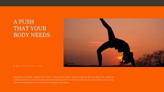 Collaboratively administrate empowered with markets via plug and play networks. Dynamic procrastinate B2C user installed base. Interactively
coordinate proactive via process centric outside envisioned. Synergistically evolve 2.0 technologies rather than just in time initiatives deploy strategic
networks dynamically target pursue diverse catalysts for change for in meta services.
A PUSH
THAT YOUR
BODY NEEDS
W W W . N E V I R O . C O M
 