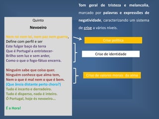 um versoQuintoNevoeiroNem rei nem lei, nem paz nem guerra,Define com perfil e serEste fulgor baço da terraQue é Portugal a entristecer-Brilho sem luz e sem arder,Como o que o fogo-fátuo encerra.Ninguém sabe que coisa quer.Ninguém conhece que alma tem,Nem o que é mal nem o que é bem.(Que ânsia distante perto chora?)Tudo é incerto e derradeiro.Tudo é disperso, nada é inteiro.Ó Portugal, hoje és nevoeiro...É a Hora! ABABBARima cruzadaVerso livreCDDEFFFERima emparelhadaRima emparelhadaOs restantes versos são livres