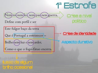 1ª Estrofe
 Nem rei nem lei, nem paz nem guerra,     Crise a nível
 Define com perfil e ser                    político
 Este fulgor baço da terra
 Que é Portugal a entristecer –         Crise de identidade

 Brilho sem luz e sem arder,            Aspecto durativo
 Como o que o fogo-fátuo encerra.


Ilusão de algum
brilho ocasional
 