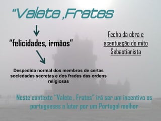 “Valete ,Frates
                                           Fecho da obra e
“felicidades, irmãos”                    acentuação do mito
                                            Sebastianista

 Despedida normal dos membros de certas
sociedades secretas e dos frades das ordens
                religiosas


  Neste contexto “Valete , Frates” irá ser um incentivo os
       portugueses a lutar por um Portugal melhor
 