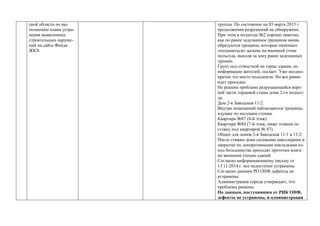 ской области по вы-
полнению плана устра-
нения выявленных
строительных наруше-
ний на сайте Фонда
ЖКХ
группы. По состоянию на 03 марта 2015 г.
продолжения разрушений не обнаружено.
При этом в подъезде №2 хорошо заметно,
как по ранее заделанным трещинам вновь
образуются трещины, которые начинают
«подыматься» дальше по внешней стене
подъезда, выходя за зону ранее заделанных
трещин.
Грунт под отмосткой на торце здания, по
информации жителей, оседает. Уже неодно-
кратно это место подсыпали. Но все равно
идет просадка.
Не решена проблема разрушающейся верх-
ней части торцевой стены дома 2-го подъез-
да.
Дом 2-я Заводская 11/2.
Внутри помещений наблюдаются трещины,
идущие по несущим стенам.
Квартира №87 (8-й этаж).
Квартира №84 (7-й этаж, ниже этажом по
стояку под квартирой № 87).
Общее для домов 2-я Заводская 11/1 и 11/2:
После стяжки дома силовыми швеллерами и
закрытие их декоративными накладками из-
под большинства проходят протечки влаги
по внешним стенам зданий.
Согласно информационному письму от
13.11.2014 г. все недостатки устранены.
Согласно данным РО ОНФ дефекты не
устранены.
Администрация города утверждает, что
проблемы решены.
По данным, поступившим от РИК ОНФ,
дефекты не устранены, и администрация
 