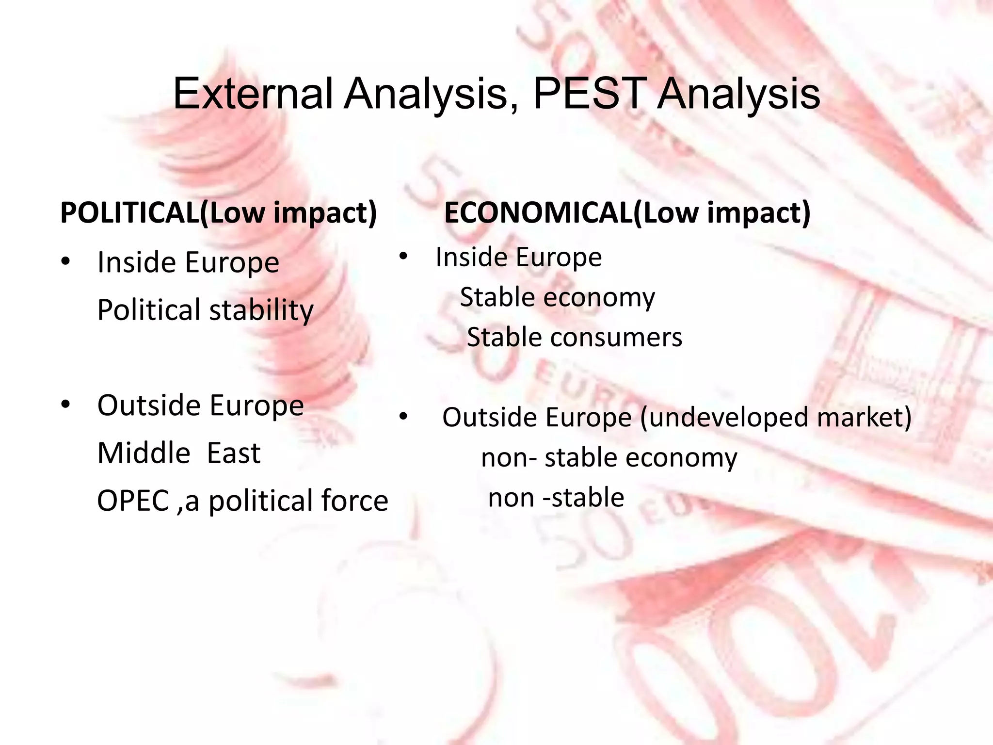 External Analysis, PEST Analysis POLITICAL(Low impact) Inside Europe Political stability Outside Europe Middle  East OPEC ,a political force ECONOMICAL(Low impact) Inside Europe Stable economy Stable consumers Outside Europe (undeveloped market) non- stable economy non -stable 