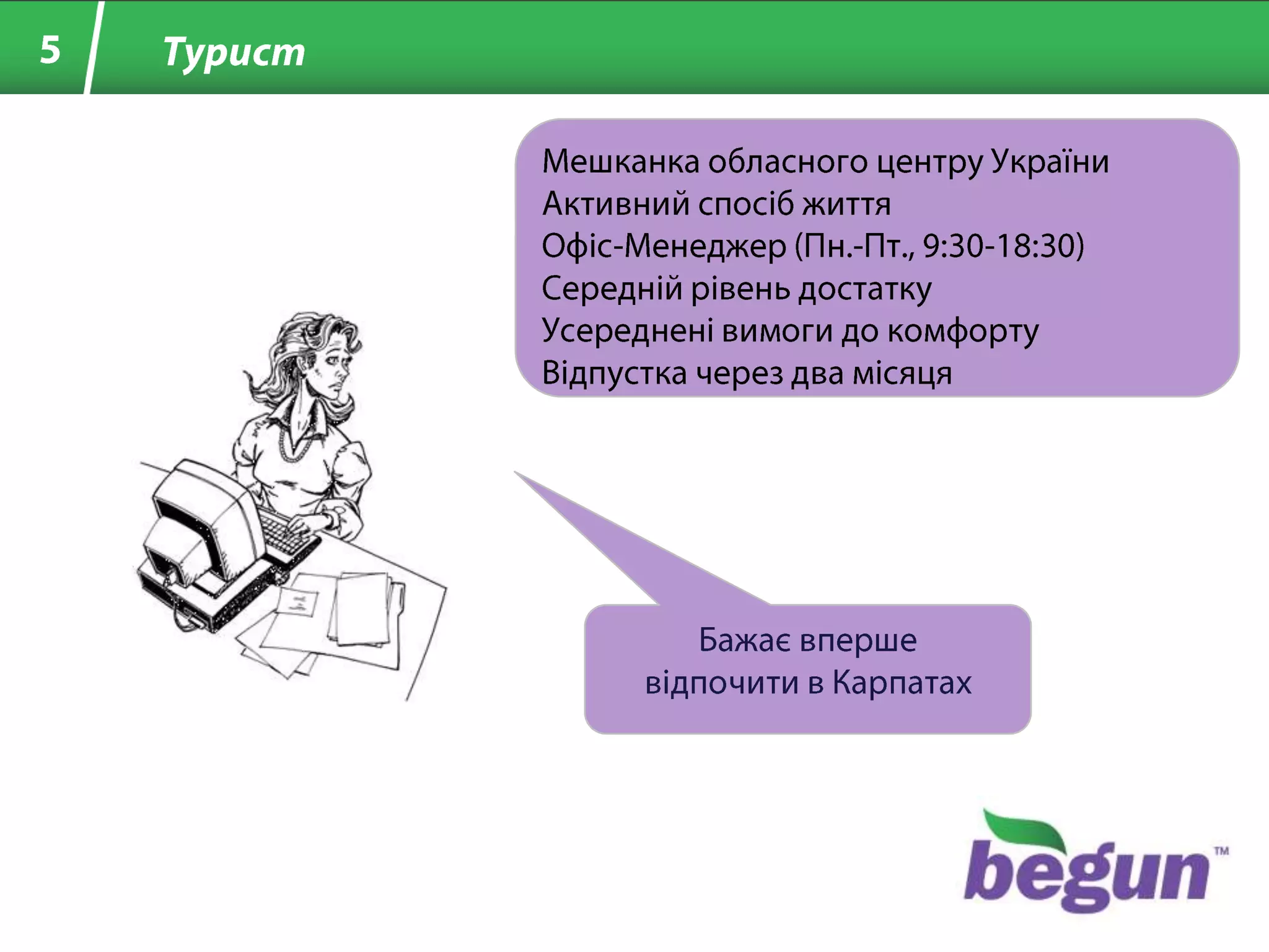 5ТуристМешканка обласного центру УкраїниАктивний спосіб життяОфіс-Менеджер (Пн.-Пт., 9:30-18:30)Середній рівень достаткуУсереднені вимоги до комфортуВідпустка через два місяцяБажає вперше відпочити в Карпатах